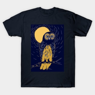 Deep blue and gold linocut of an owl on a moonlit night T-Shirt